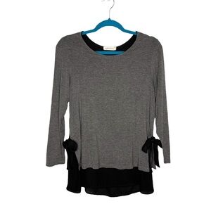 Pebble & Stone Gray Double Layer Tie Sides Long Sleeve Blouse